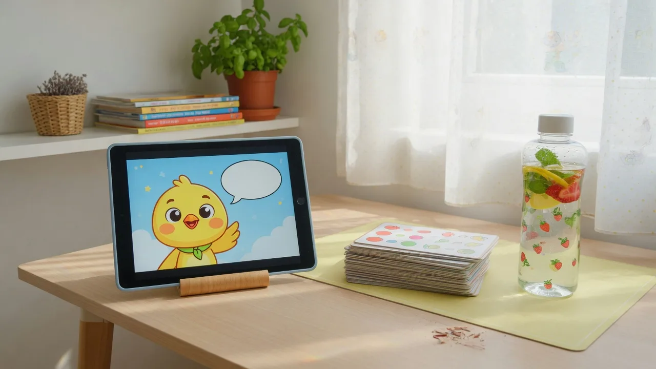 Tablet z animowaną postacią przewodnią i karty ćwiczeń na biurku przy oknie, gotowe do treningu domowego