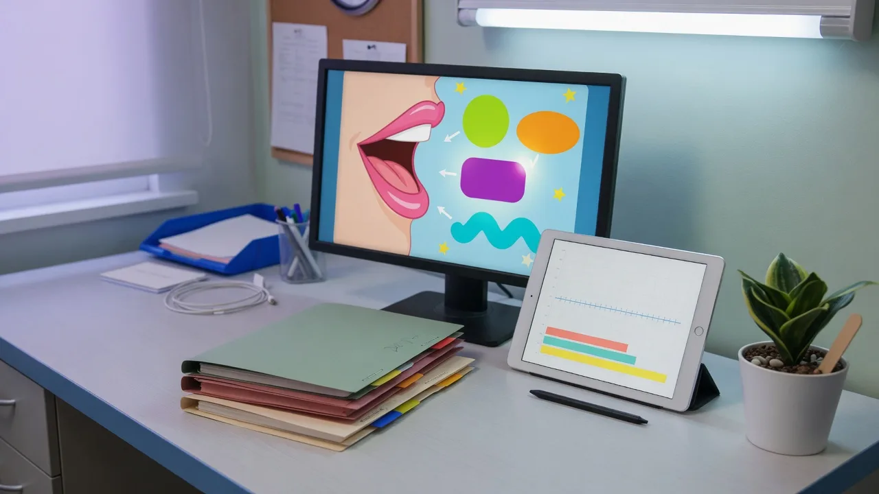 Stanowisko logopedy z monitorem do ćwiczeń mowy i dokumentacją diagnostyczną