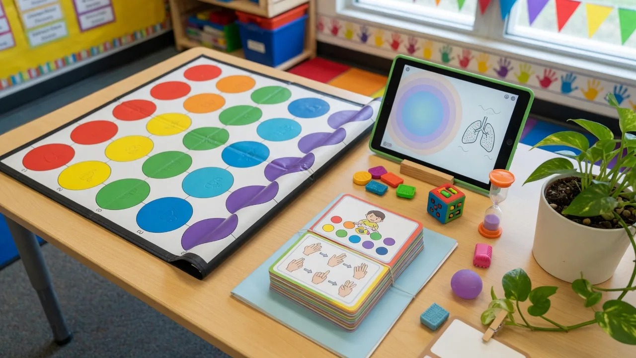 Materiały terapeutyczne: gra wielkoformatowa, karty pracy, tablet i pomoce sensoryczne na stoliku szkolnym