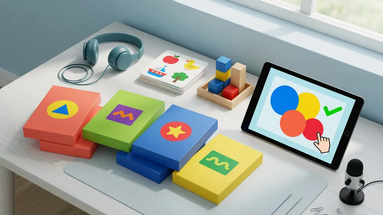 Kolorowe pudełka programów terapeutycznych, tablet z ćwiczeniem i słuchawki na stole w gabinecie