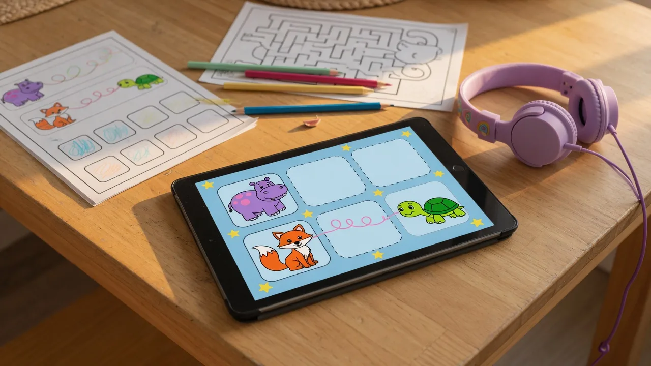 Tablet z ćwiczeniem edukacyjnym, karty pracy i słuchawki na stole terapeutycznym