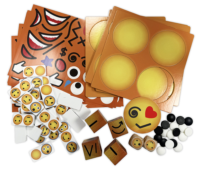 GoSense Język emocji - kartonowe elementy emoji, kafelki min, drewniane kostki i żetony