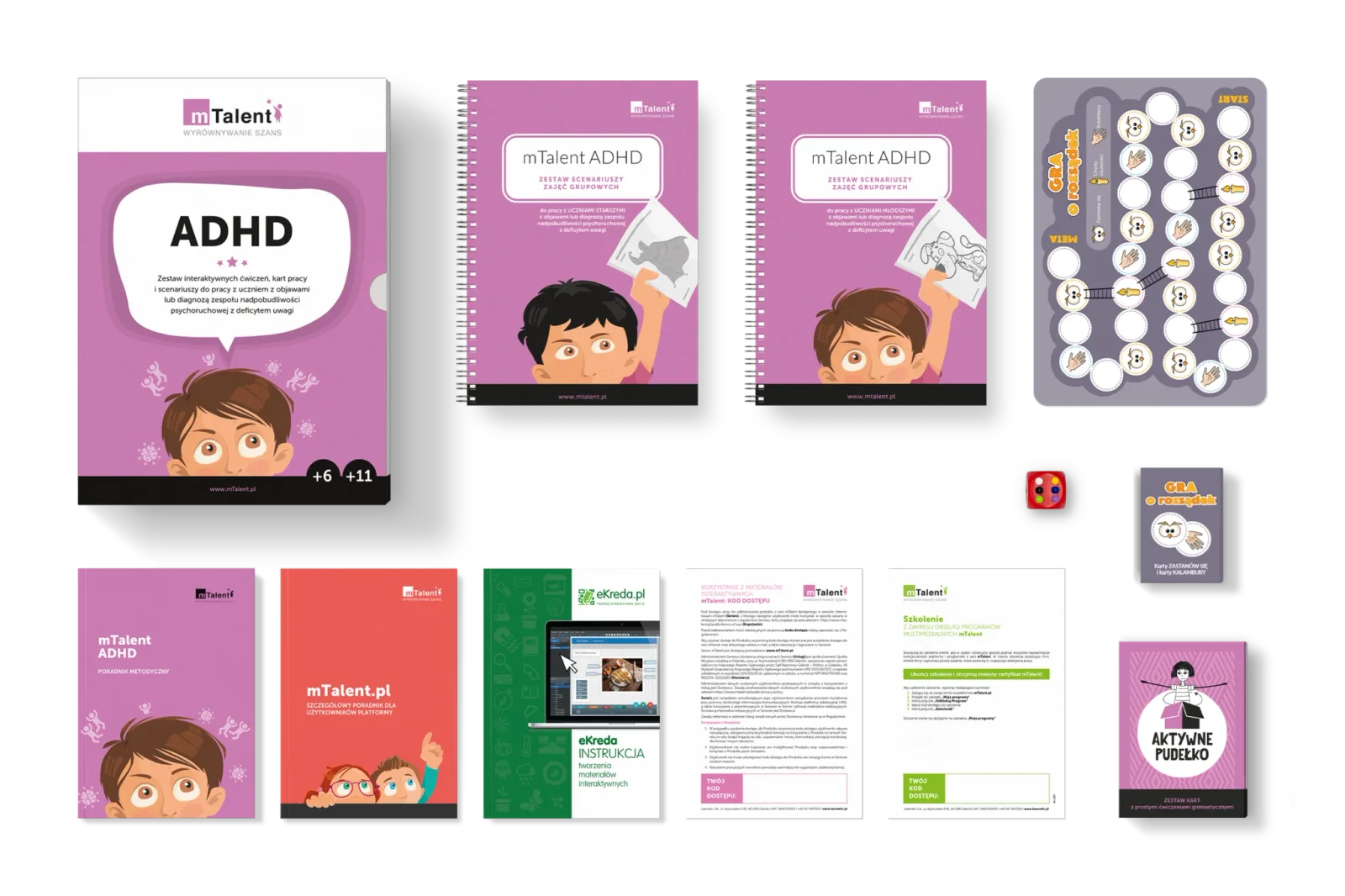 mTalent ADHD - zawartość pudełka: przewodnik, scenariusze i karty pracy