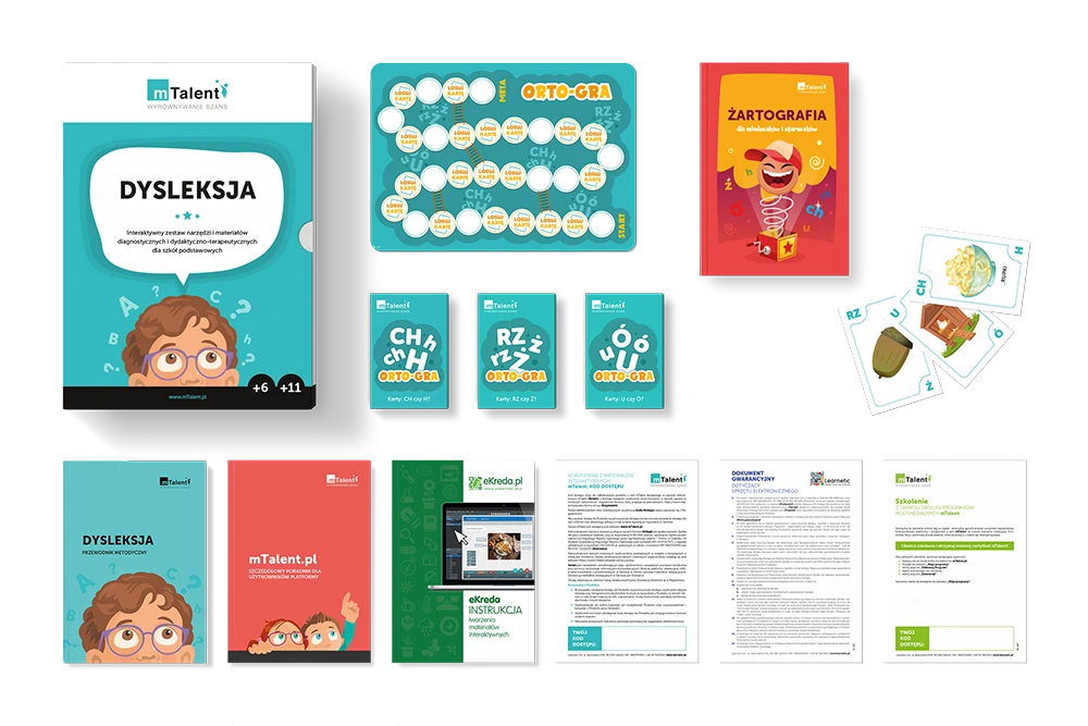 mTalent Dysleksja - zawartość zestawu z publikacją Żartografia i grą planszową