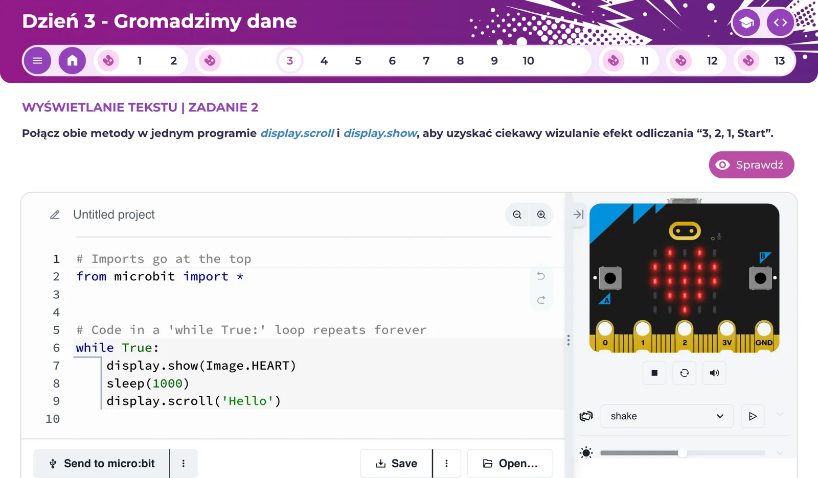 learn:bit Arcade - zrzut ekranu interaktywnego kursu Pythona na Dzwonek.pl