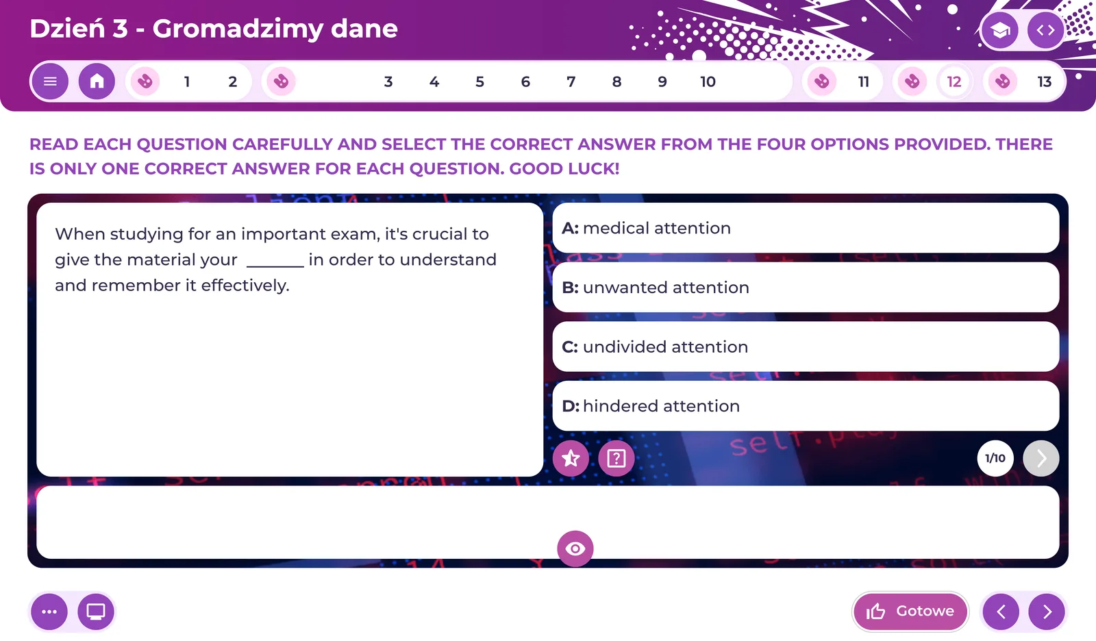 learn:bit Arcade - kolejny ekran kursu z ćwiczeniem i kompilatorem