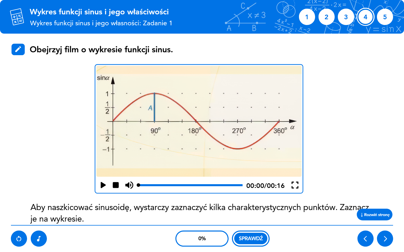 Ekran interaktywny programu - badanie wykresu i własności funkcji sinus