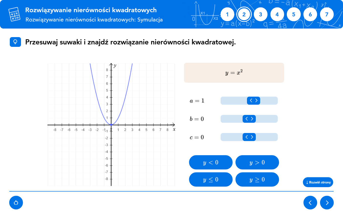 Ekran programu Matematyka Teoria i Praktyka - graficzne rozwiązywanie nierówności kwadratowych