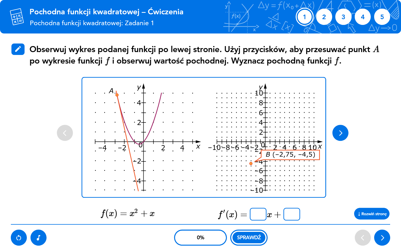 Ekran programu Matematyka Teoria i Praktyka - rachunek różniczkowy i pochodna funkcji kwadratowej