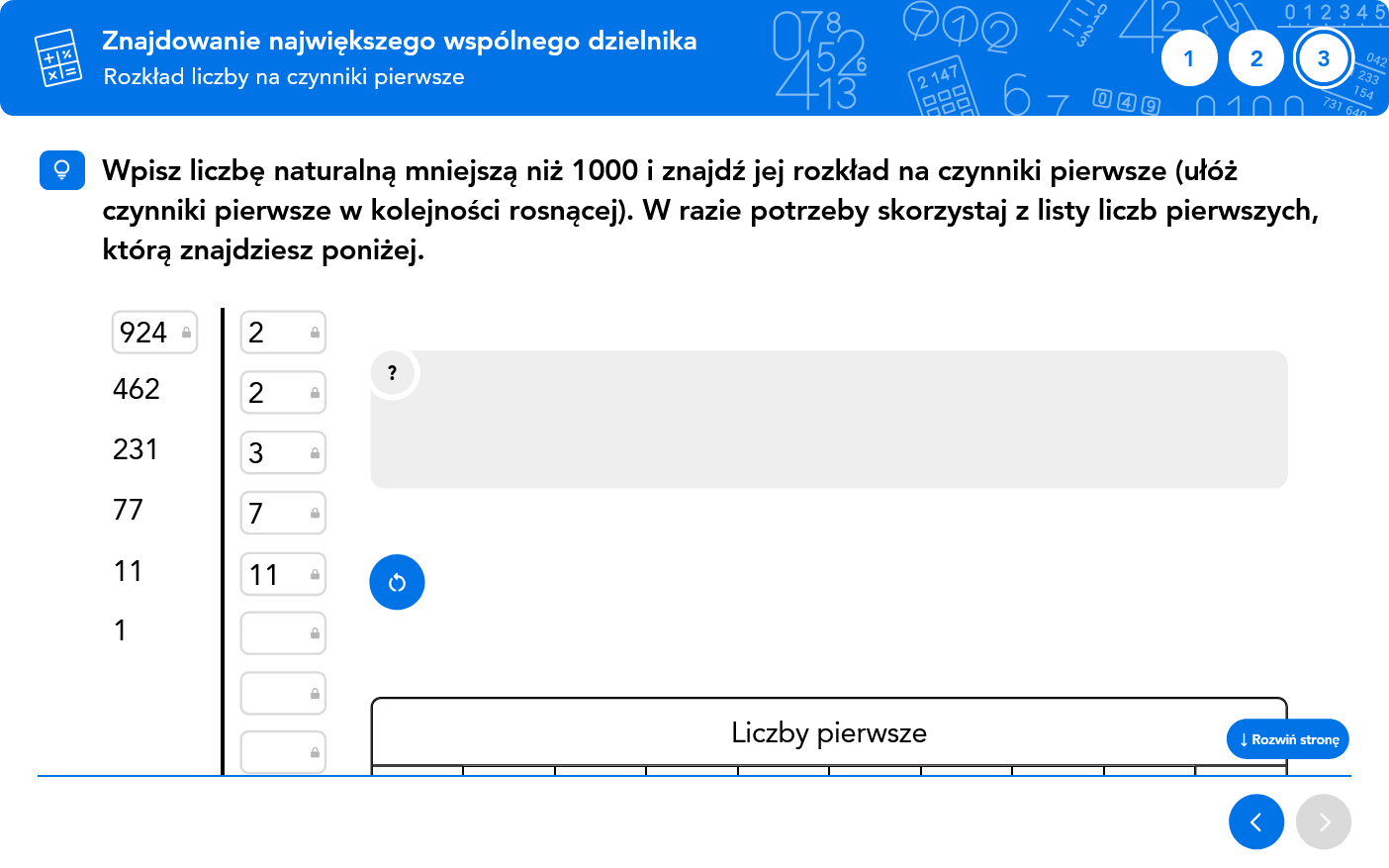 Matematyka. Teoria i Praktyka kl. 4-6 - ekran rozkładu liczby na czynniki pierwsze