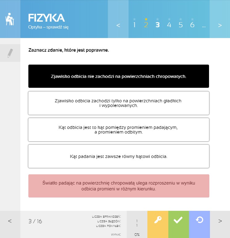 MPP Fizyka - test z odbicia światła, dział Optyka
