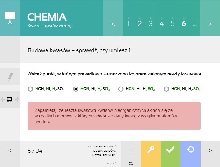 MPP Chemia - ekran lekcji Kwasy, budowa reszty kwasowej
