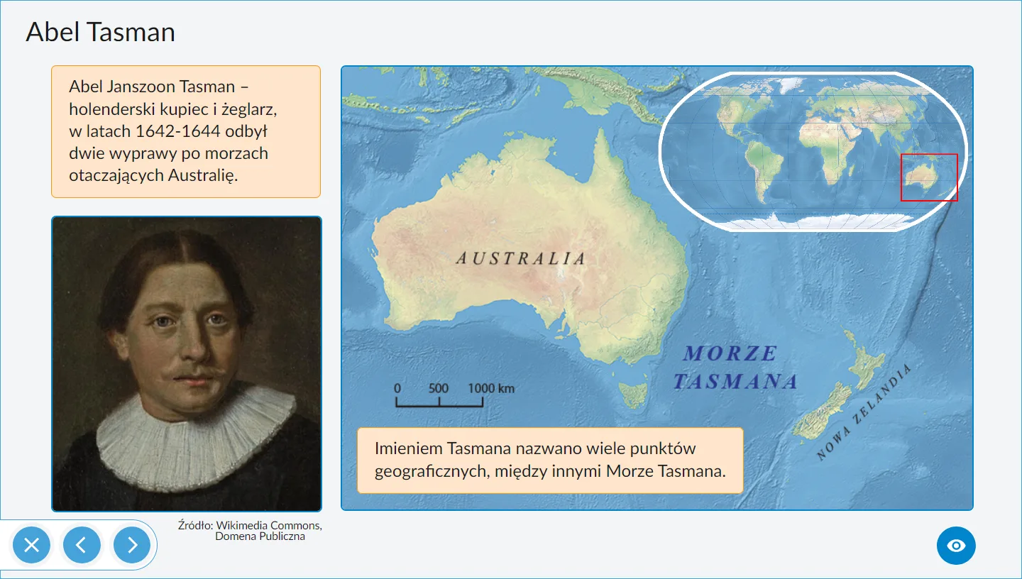 IPP Geografia - plansza Podroze wielkich odkrywcow, Abel Tasman i mapa Australii