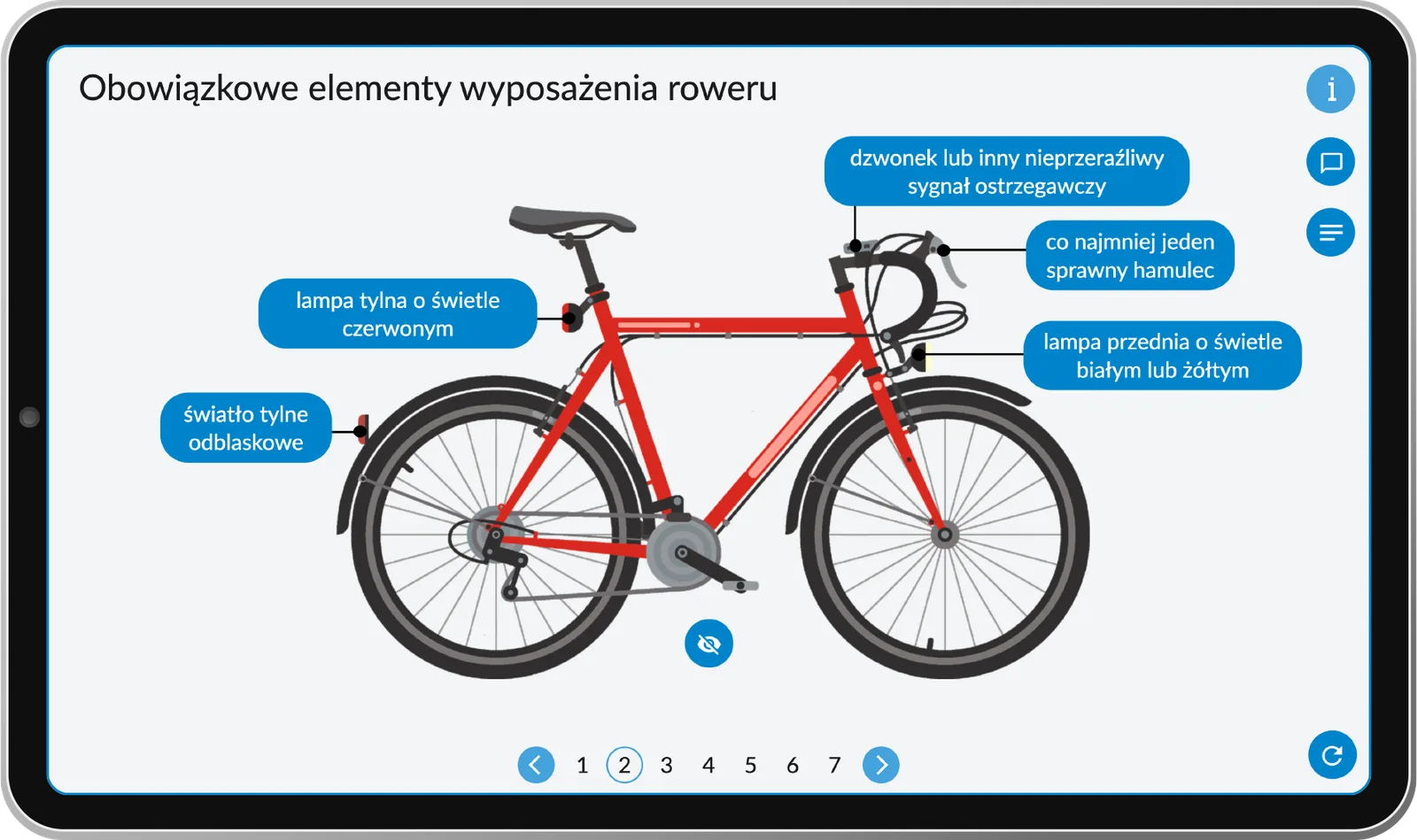 Ekran programu Kompetencje techniczne - obowiązkowe wyposażenie roweru