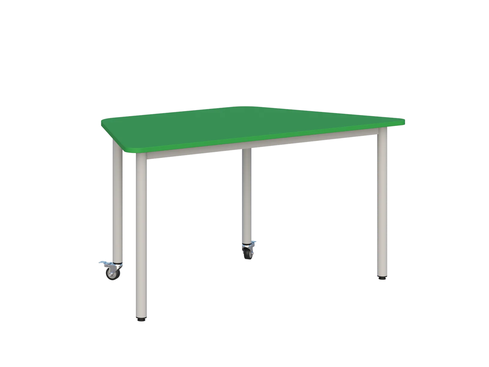 Stolik mobilny trapezowy 1400 × 700 mm - blat zielony, stelaż jasny, kółka z hamulcem i zatyczki poziomu