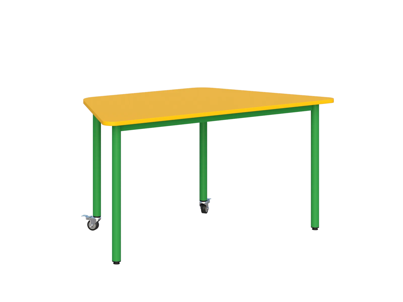 Stolik mobilny trapezowy 1400 × 700 mm - blat żółty, stelaż zielony, dwa kółka z hamulcem