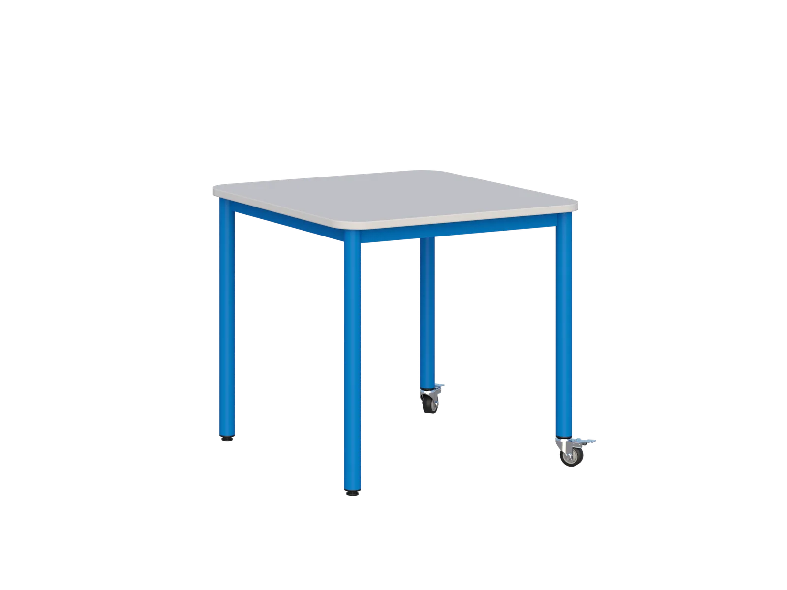 Stolik mobilny z blatem kwadratowym 700 × 700 mm - blat popielaty, stelaż niebieski, zatyczki i kółka na przeciwległych parach nóg