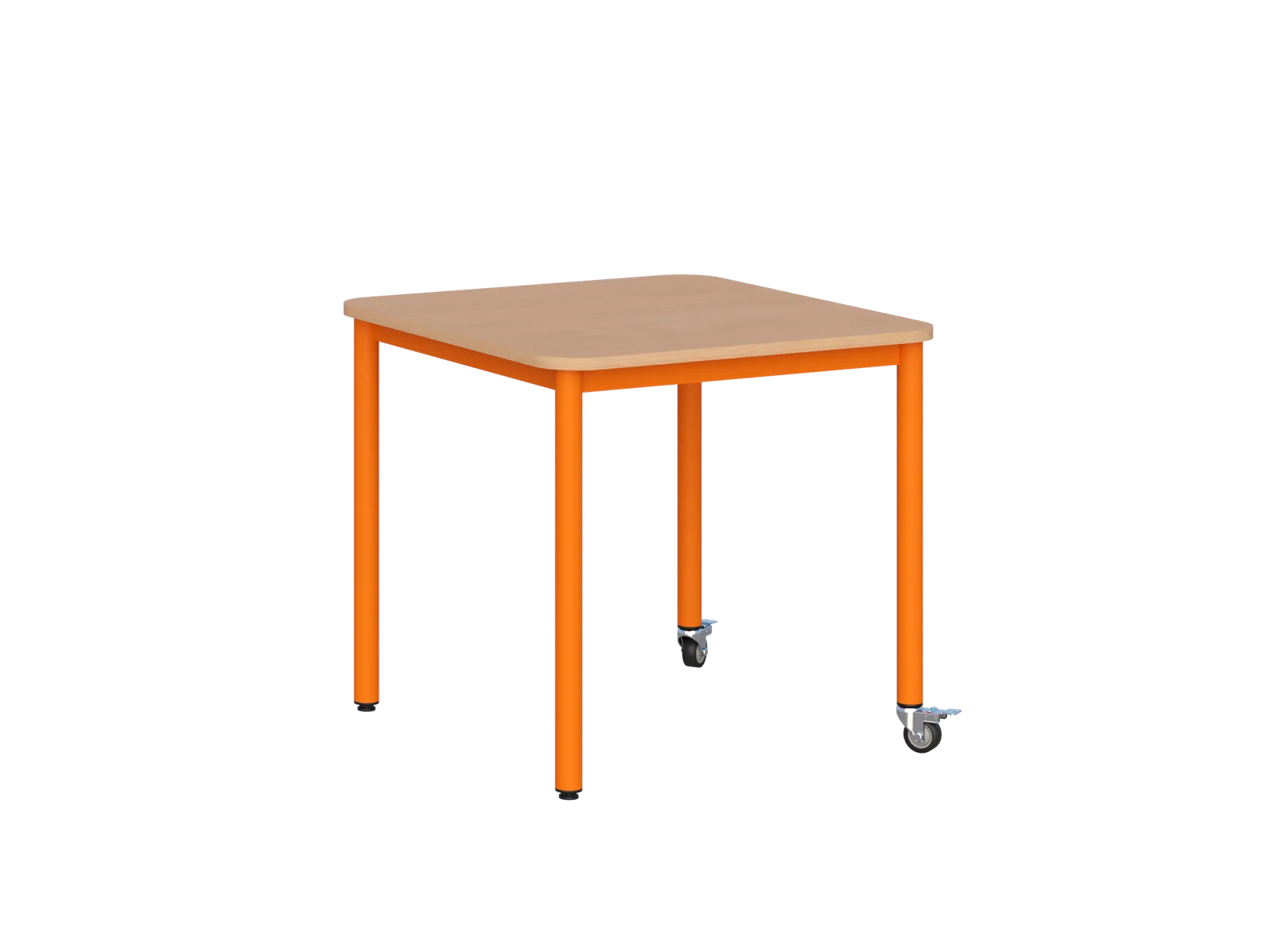 Stolik mobilny szkolno-przedszkolny z blatem kwadratowym 700 × 700 mm - widok od frontu, blat buk, stelaż pomarańczowy, dwie nogi na kółkach