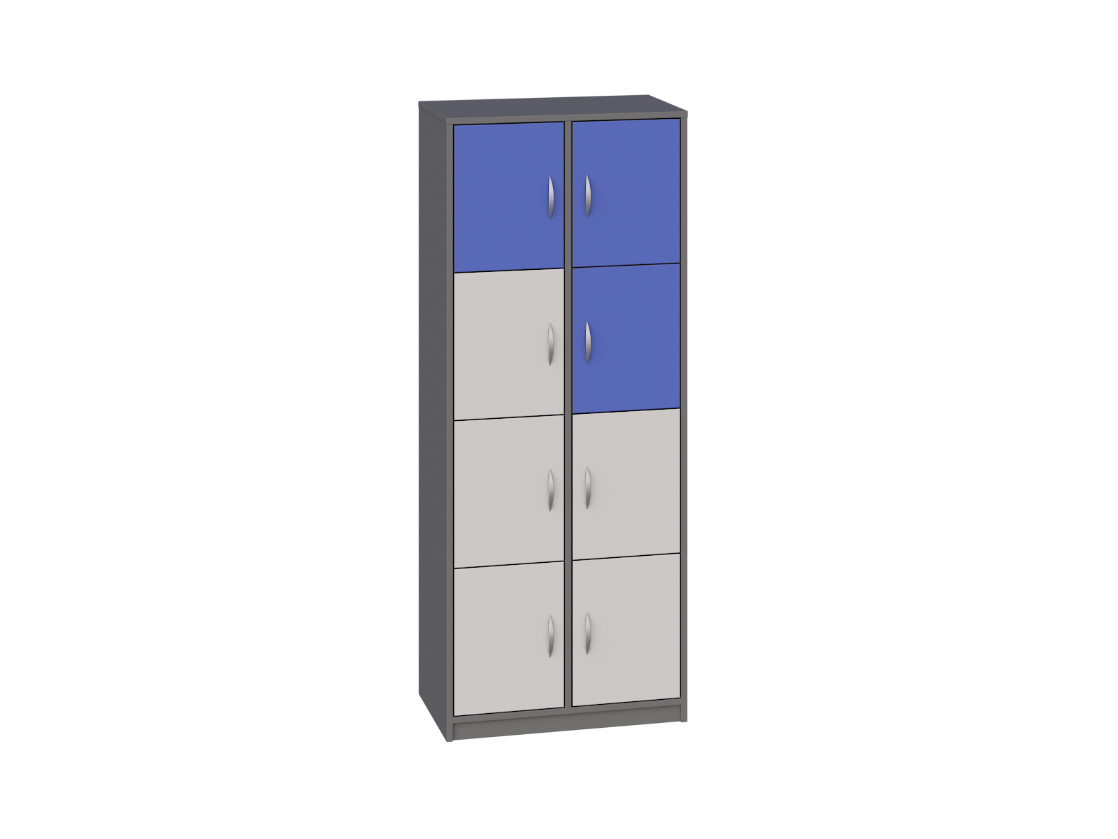 Ultra 219 - ten sam korpus stalowy z frontami popiel i niebieski, widok schowków z półkami w środku