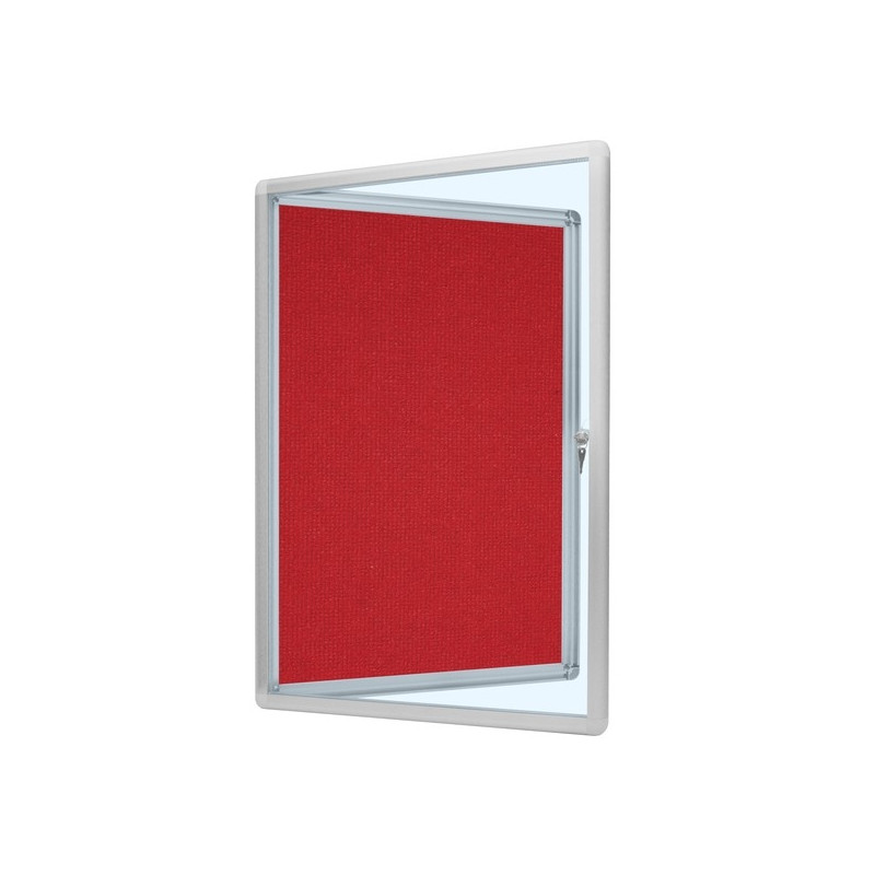 Gablota ogłoszeniowa GO 100x120 cm - wariant z podłożem tekstylnym czerwonym i otwartym skrzydłem