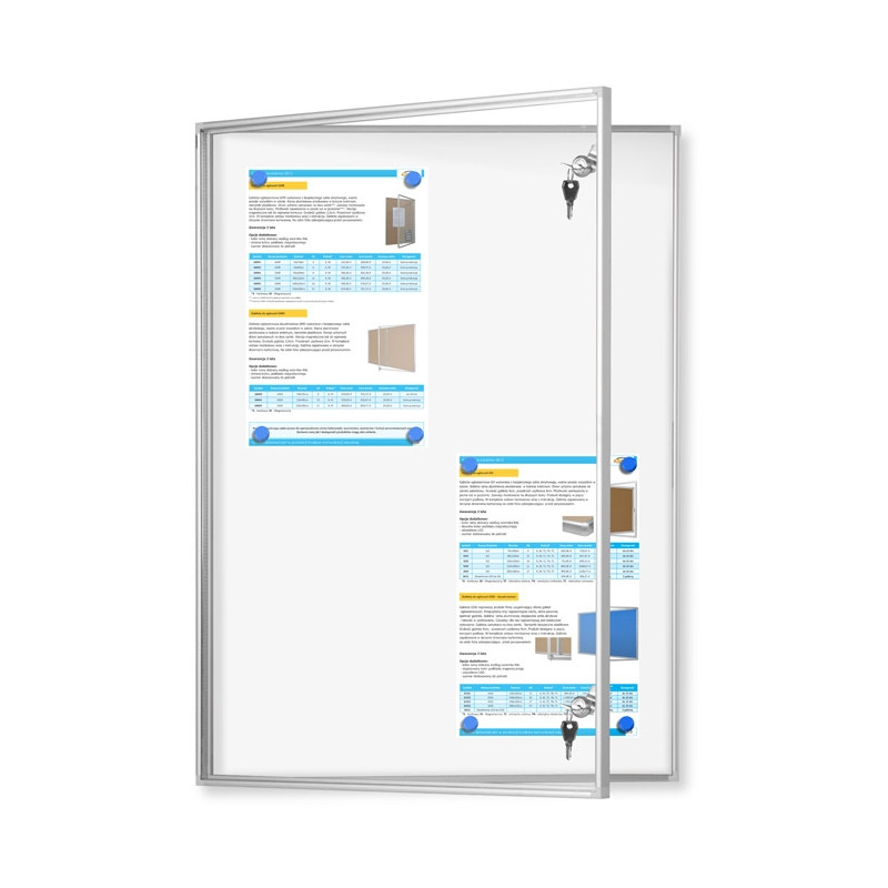 Gablota zewnętrzna GMZ 80x120 cm - uchylne skrzydło z akrylu otwarte na zawiasach, widoczne dwa zamki