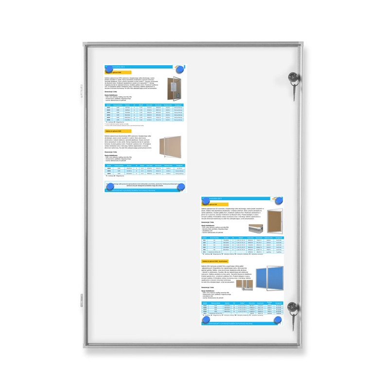 Gablota zewnętrzna GMZ 100x120 cm - uchylone skrzydło drzwi i białe podłoże magnetyczne