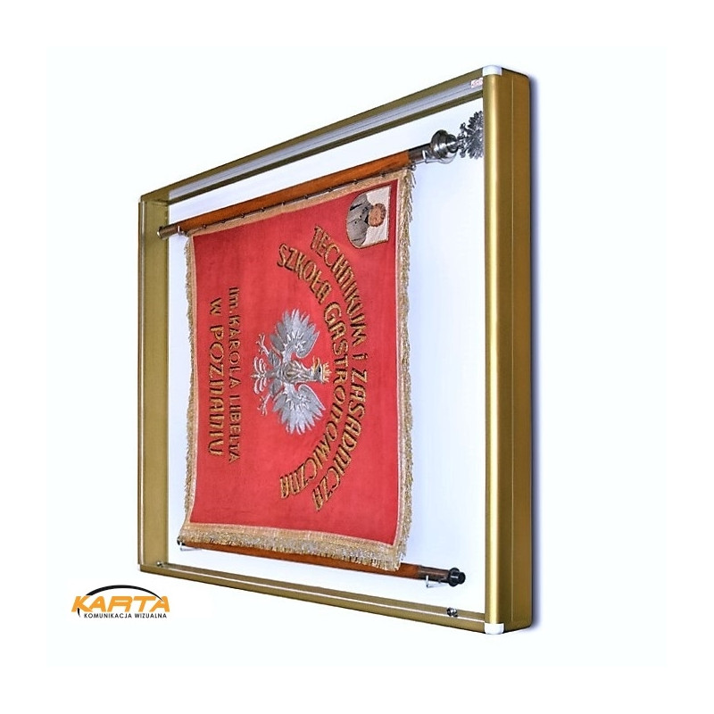 Gablota na sztandar GSZ13 150x130x13 cm - wariant z ramą aluminiową malowaną na złoto