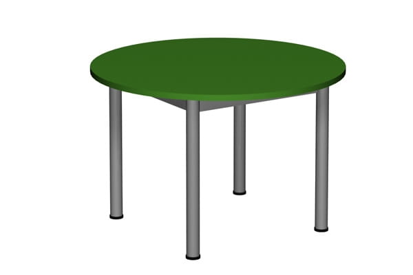 Stół przedszkolny regulowany 1-3 okrągły fi 900 noga fi 40 - widok od frontu, zielony blat i aluminiowe nogi z rury, czarne zatyczki