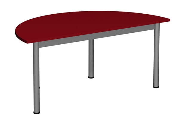 Stół przedszkolny półokrągły 1200 × 600 noga fi 40 - widok od frontu, blat bordowy, stelaż aluminiowy, czarne zatyczki na nogach