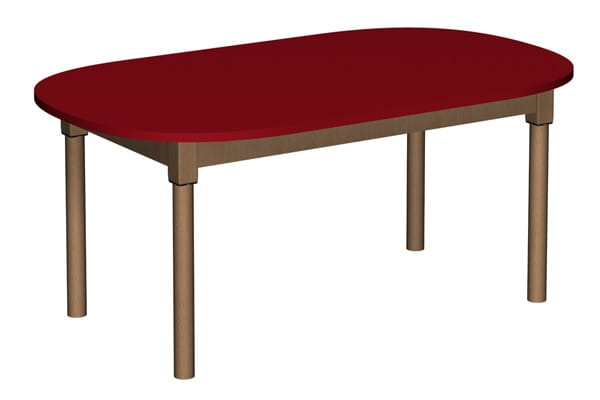 Stół owalny 1200 × 700 mm z regulacją wysokości 1-3 - widok od frontu, blat czerwony, nogi bukowe okrągłe