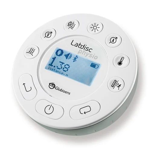 Labdisc Fizyka - widok dysku pomiarowego z ekranem LCD i oznaczeniami czujników
