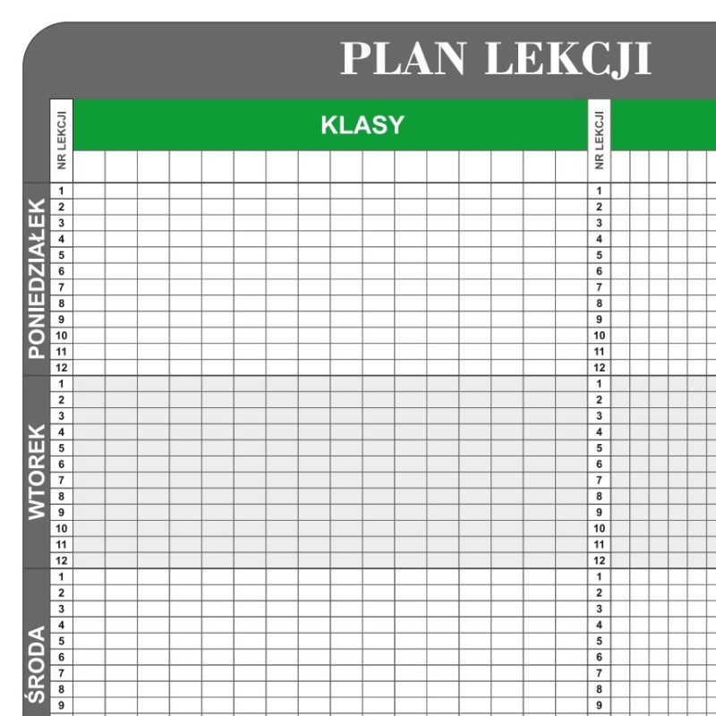 Plan lekcji T3 Gatama 170x92 cm - zbliżenie na podział sal, klas i znaczników magnetycznych