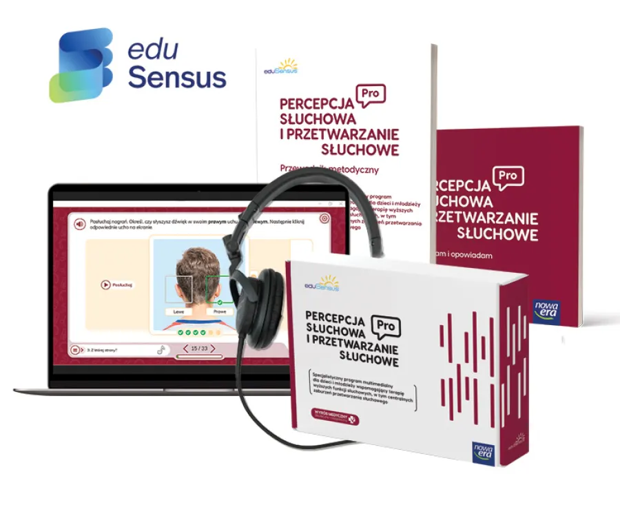EduSensus Percepcja Słuchowa i Przetwarzanie Słuchowe PRO - zestaw: pudełko, laptop z ćwiczeniem, słuchawki i publikacje