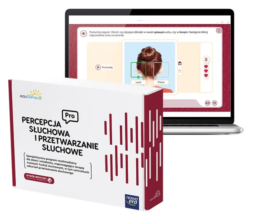 Percepcja Słuchowa i Przetwarzanie Słuchowe PRO - pudełko zestawu i ćwiczenie lateralizacji dźwięku na laptopie