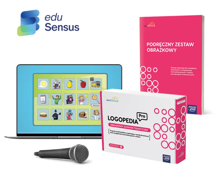 EduSensus LOGOPEDIA PRO Obrazkowy Słownik Tematyczny - pudełko, zrzut ekranu słownika i publikacja Podręczny zestaw obrazkowy