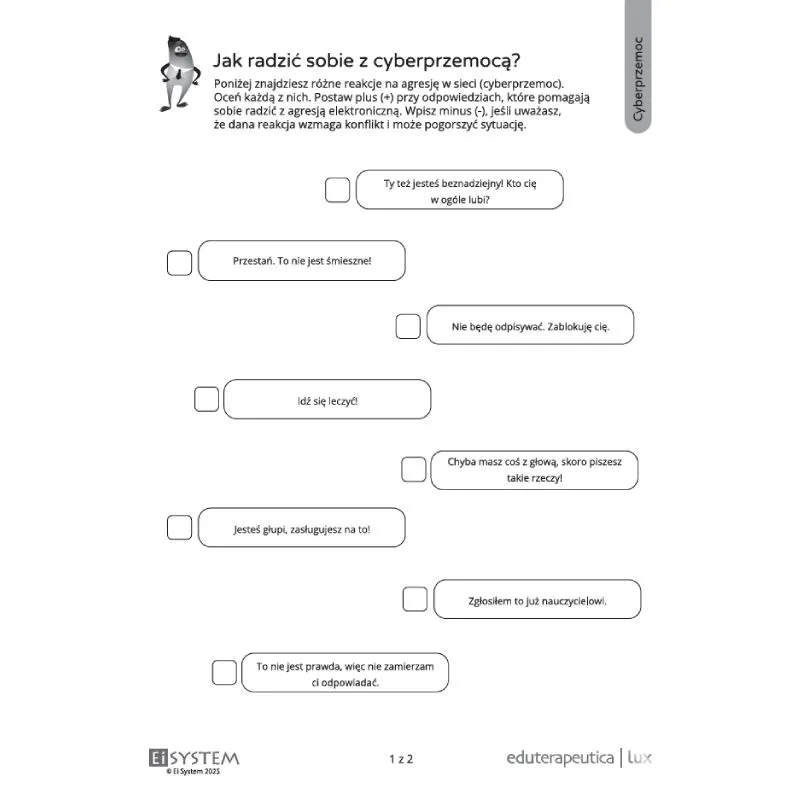 Eduterapeutica Lux Problemy Wychowawcze - karta pracy o radzeniu sobie z cyberprzemocą