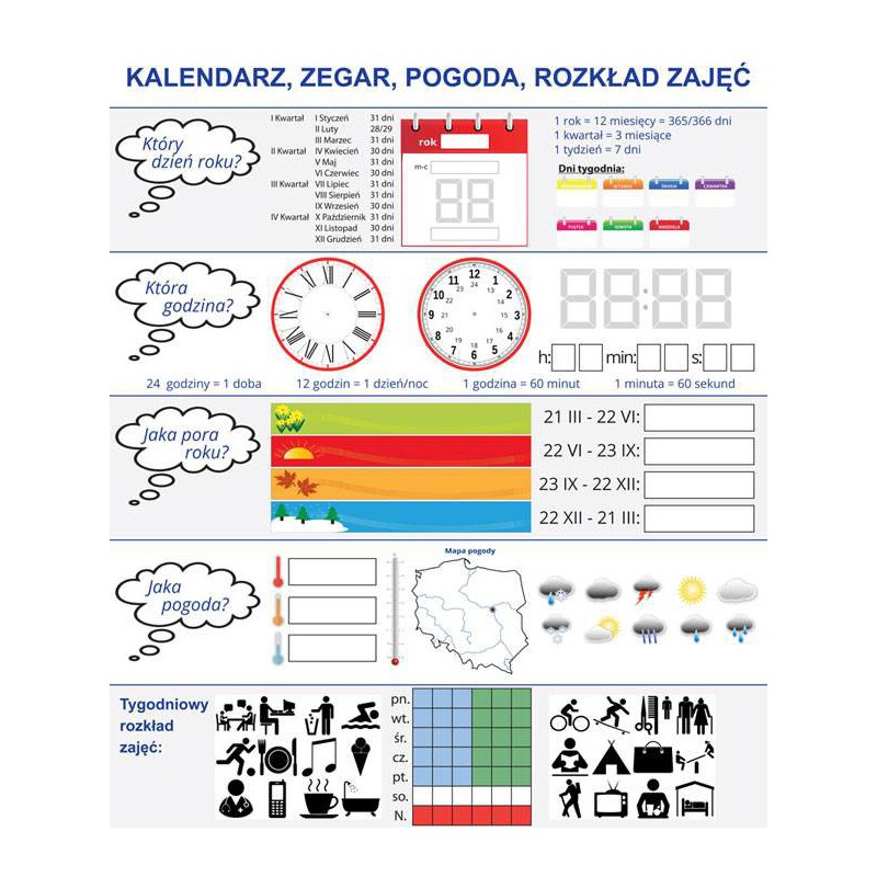 Nakładka suchościeralna magnetyczna KALENDARZ ZEGAR + karty pracy - zdjęcie 2