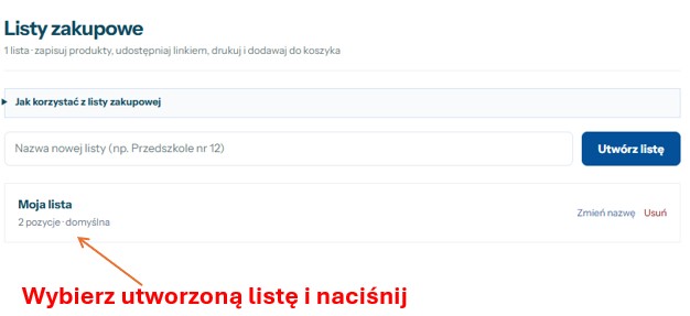 Strona Listy zakupowe z utworzoną listą